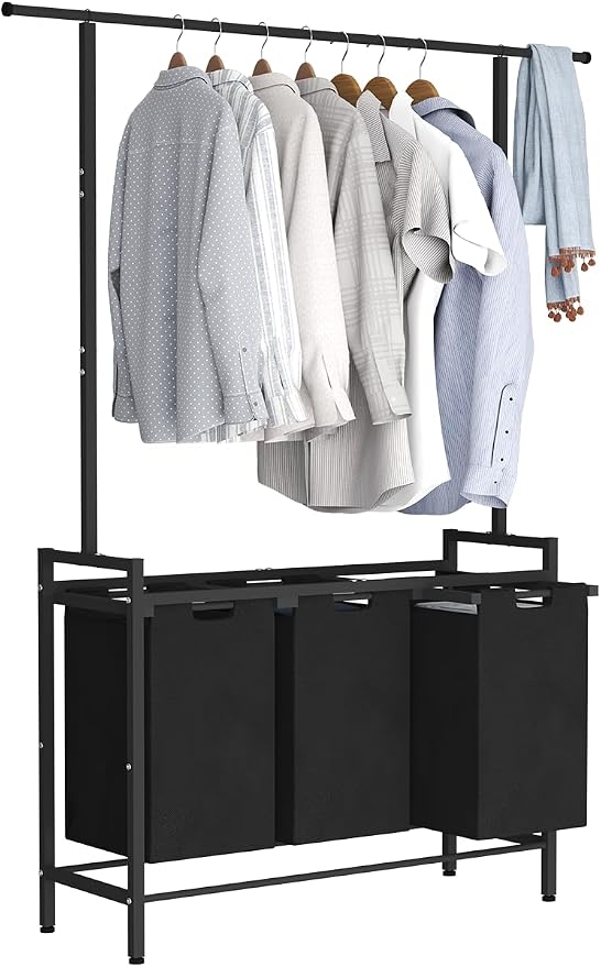 Large Laundry Hamper with Clothes Rack Hanging Bar, 10 x 3 Gal Pull-Out & Removable Sorter Bags, Freestanding Laundry Basket Organizer for Bathroom, Bedroom and Laundry Room, Black by Whoonba