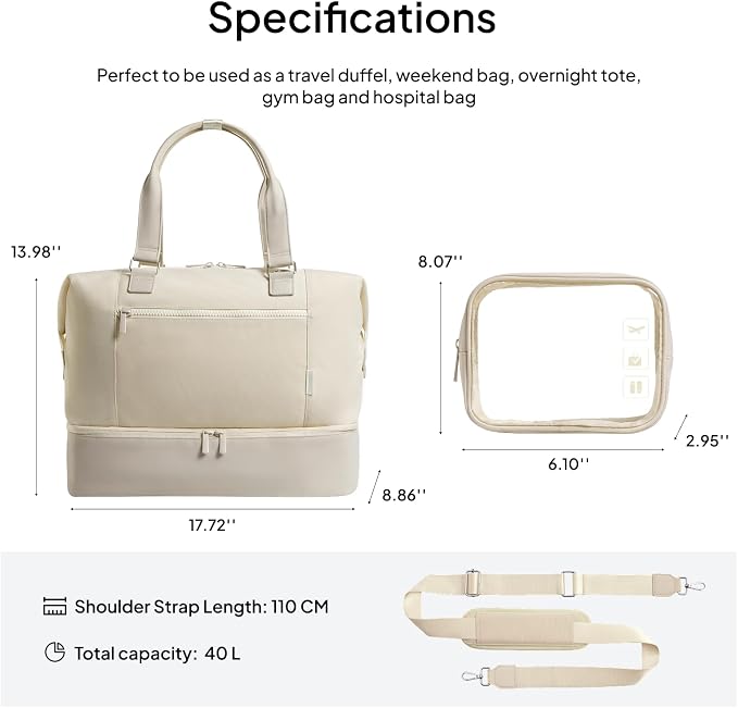 Travel Duffle Bag for Women, 40L Weekender Bags Airline Approved Carry On with Shoe Compartment & Waterproof Wet Pocket, Durable Nylon Weekender Overnight Bag for Travel, Gym, Business Trip, Beige - Image 3