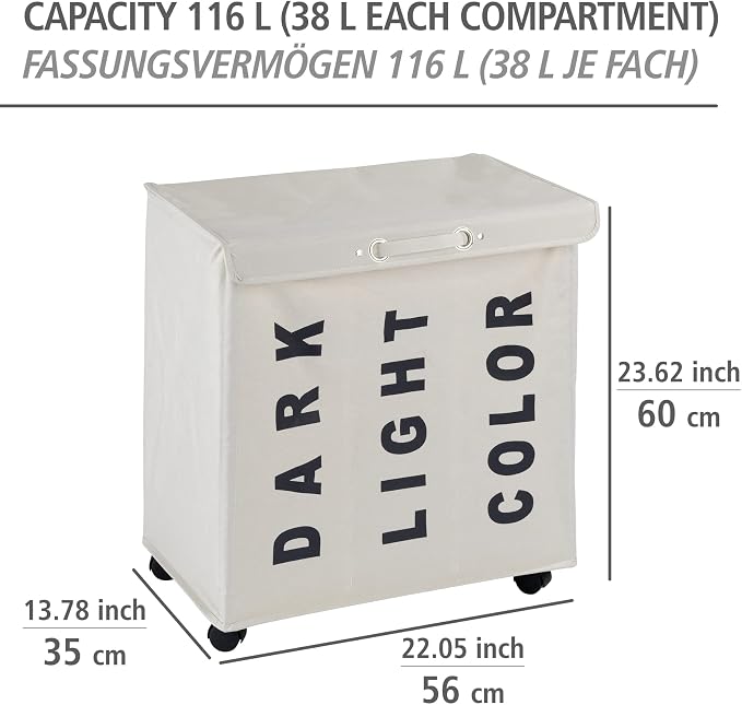WENKO Trivo Laundry Sorter with 3 Sections (Dark, Light, Color), Laundry Basket on Wheels with Handle, Laundry Hamper with Lid, Beige, 30.6 gal, 22 x 23.6 x 13.8 in - Image 4