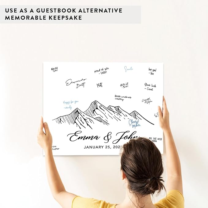 Andaz Press Custom Large Canvas Wedding Guest Book Alternative, 16 x 20 Inches, Monochrome Woodland Mountains Horizontal Personalized Sign Our Canvas Guest Book Signs For Wedding Rustic Woodland Theme - Image 6