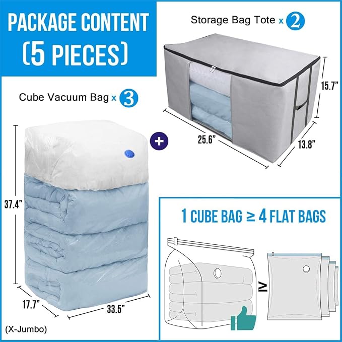Vacuum Storage Bags, Cube Space Saver Bags, Bedding Space Saving Organizer | Premium Totes & Cubic Vacuum Compression Seal Bags for Clothing. Jumbo Organizer, Storing Comforters Blankets Pillows Clothes - Image 6