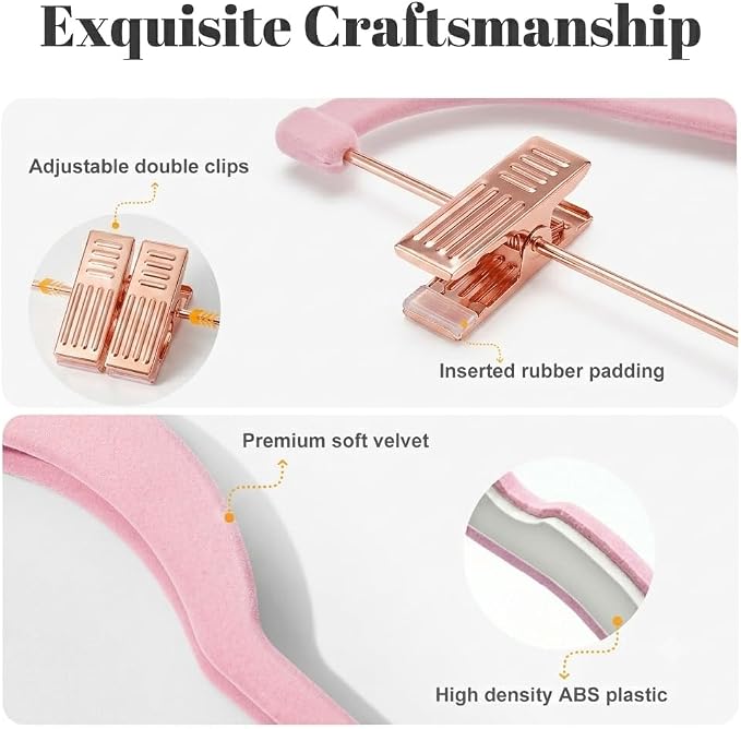 HOUSE DAY Pants Hangers with Clips 24 Pack, with Rose Gold Hook and Clips | Non Slip Velvet Flocked, Swivel Hook, Space Saving, Rubber Padded Clips, For Pants, Skirt, Shorts, Coat, Outfit - Pink - Image 2