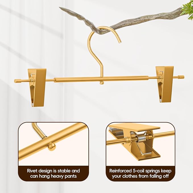 20 Pack Gold Metal Pants Skirt Hangers with Clips & Swivel Hooks | Lightweight Aluminum & Sturdy, Non-Slip Pads for Trouser, Skirts, Jeans, Scarf, Camisoles, Kids & Adults - Image 4
