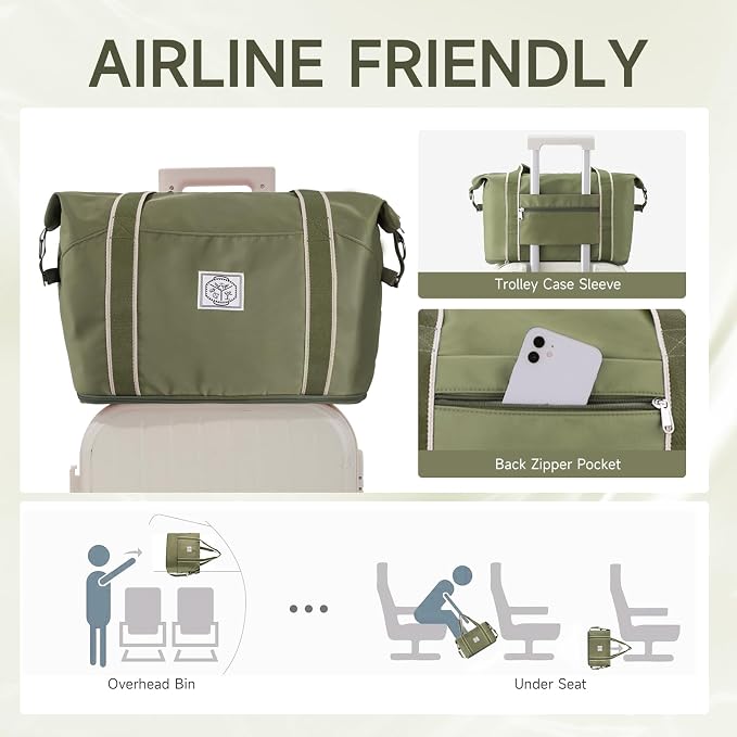 WALNEW Travel Duffel Bag, Weekender Bag for Women Men, Army Green | Overnight Carry On Bag, Foldable Waterproof Gym Luggage with Metal Buckle Detachable Shoulder Strap and Wet Compartment - Image 4