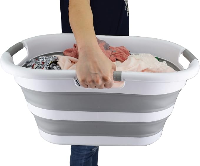 SAMMART 40L (10.5 gallon) Set of 2 Collapsible Plastic Laundry Hamper - Foldable Pop Up Storage Container/Organizer - Portable Washing Tub - Space Saving Basket (2, White/Grey) - Image 6