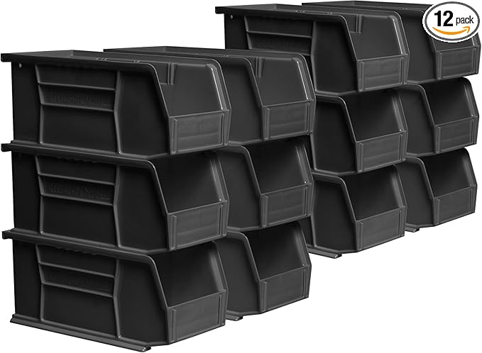 Akro-Mils 30230 AkroBins Plastic Storage Bins, 11"x5"x5", Black, 12-Pack | Space-Saving Stackable Bins for Garage, Pantry, Craft Organization by Akro-Mils