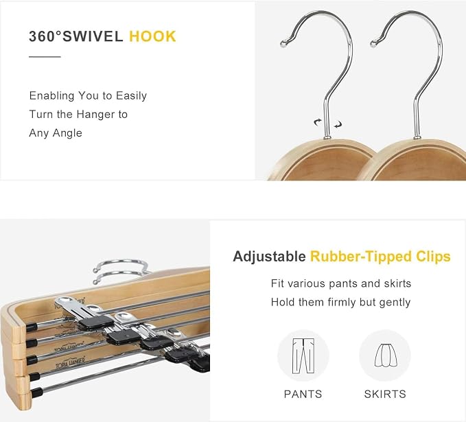 TOPIA HANGER Wooden Pants Hangers,Slim Natural Wood Skirt Hangers with Anti-Rust Hook and Adjustable Metal Clips, Perfect for Skirts, Pants, Slacks-20 Pack-CT17N20 - Image 6