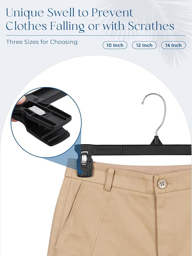 Smartor Black Pants Hangers 90 Pack, Skirt Hangers with Clips, 10 Inch | Non-Slip Clips, 360° Swivel Hooks; Compact Plastic Clip Hangers for Dorms, Small Closets and Folded Pants - Image 8