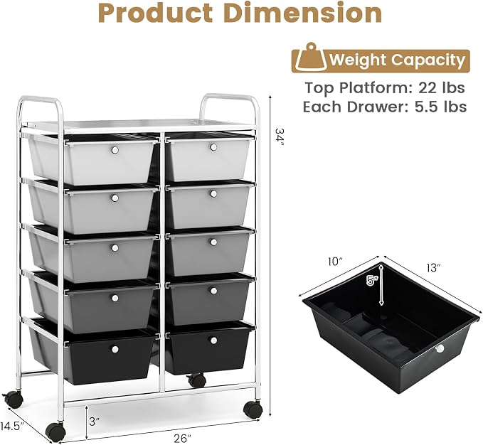 Moccha Rolling Storage Cart with 10 Drawers - Under Desk Cabinet on Wheels for Craft Art Supply Paper Salon, Scrapbook Paper Tools, Multipurpose Mobile Utility Cart for Classroom, Gradient Grey - Image 3