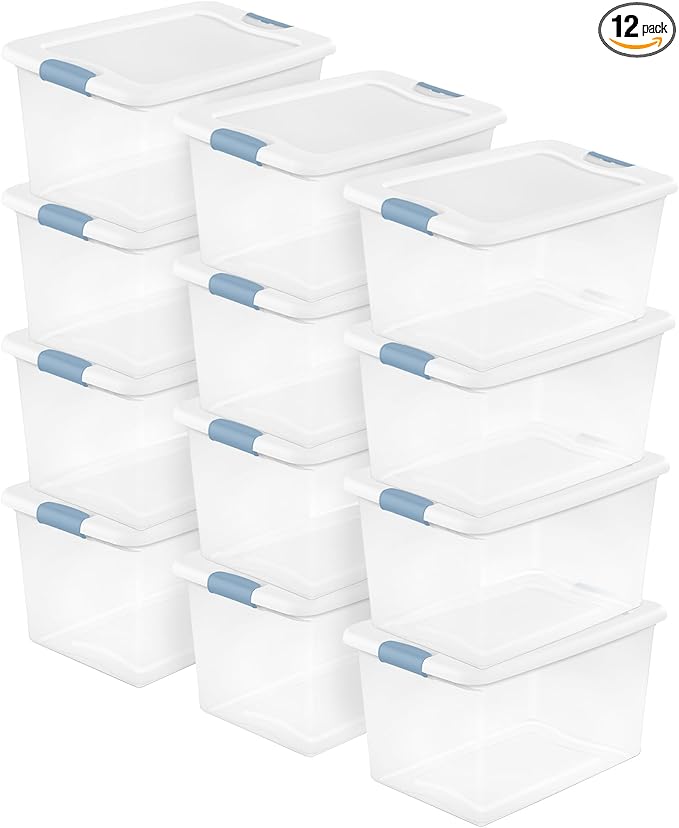 Sterilite Latching Box with Lids for Home and Office, 64 Quart, 12-Pack | Heavy-Duty and Stackable Plastic Containers with Latches for Closet, Cabinet, Bedroom, Bathroom and Dorm Room Organization by Sterilite