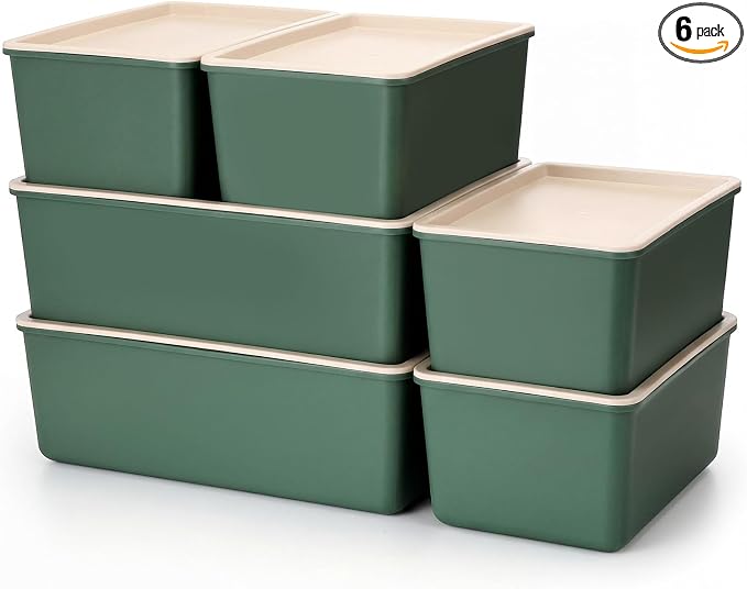 6 Pcs Large and Small Plastic Storage Bins with Lids 14.4 x 10.4 x 5.1 Inch Stackable Storage Containers Decorative Cubby Organizer for Clothes Shelves Garage Closet Office(Green) by Menkxi