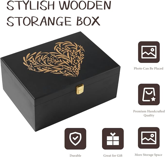 Larger Wooden Memory Keepsake Boxes With Hinged Lids and a photo frame inside the lid - Decorative Storage Box With a Hinge Lids For Picture Letter Time Capsule - 5.3“*8.6”*11.7“ Black - Image 3