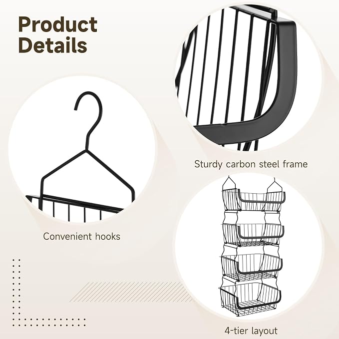 4 Tier Hanging Closet Organizer, 36.2 x 15 x 11 in Carbon Metal Hanging Storage Basket, Rustproof Heavy Duty Closet Wire Storage Shelf for Closet, Laundry, Dorm - Image 3