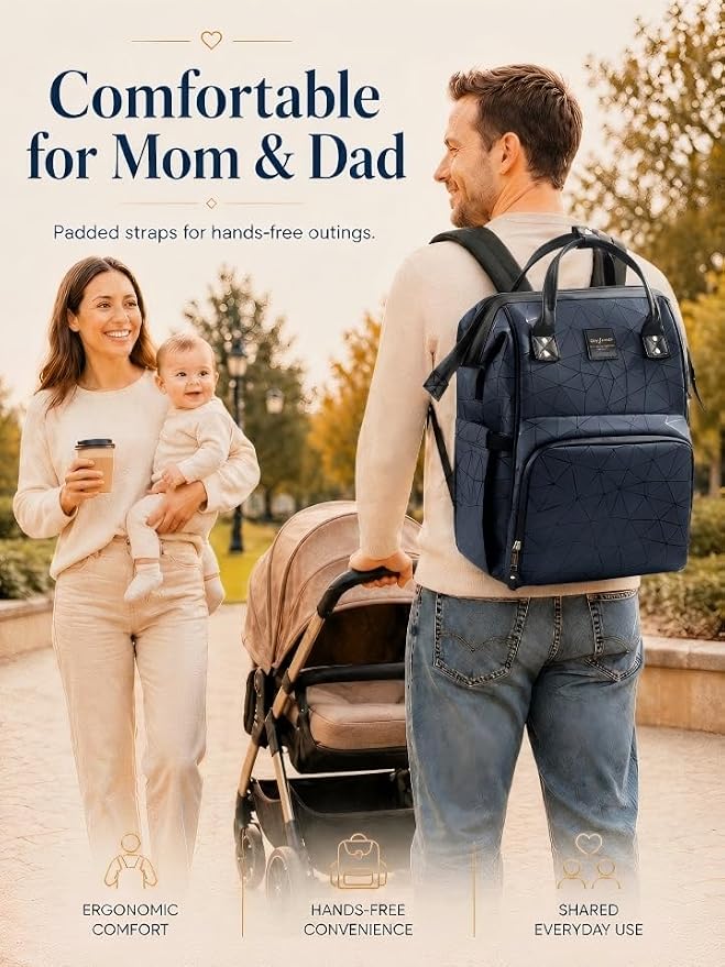 Diaper Bag Backpack, Unisex PU Leather, Very Dark Navy Blue, 16 Pockets, Insulated 3-Bottle Front, Removable Divider, Rear Zip Access, Wipes Dispenser, Stroller Straps, Luggage Sleeve - Image 3