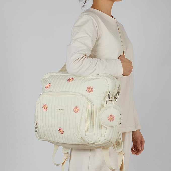Diaper Bag Backpack with Changing Pad - Travel Baby Bag, Insulated Bottle Pockets, Stroller Straps (Medium - Beige Flowers) - Image 4