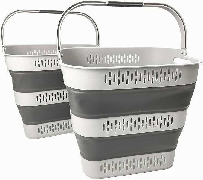 SAMMART 40L (10.5 Gallon) Collapsible Plastic Laundry Basket with Handles - Foldable Pop Up Storage Container/Organizer - Portable Laundry Hamper - Space Saving (2, Grey) by SAMMART