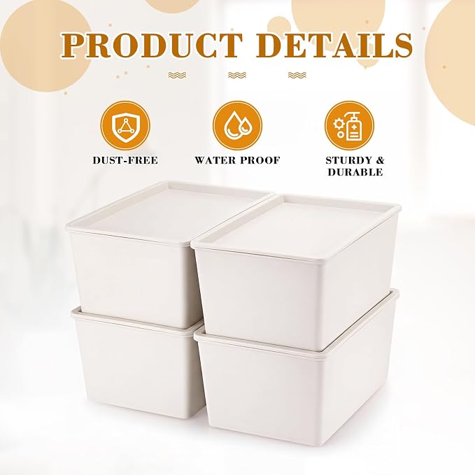 4 Pcs Storage Bins with Lids, Beige, Small | Plastic Stackable Organizing Containers, Heavy Duty Storage Boxes for Classroom Room Shelves, Christmas Ornaments Baskets - Image 3