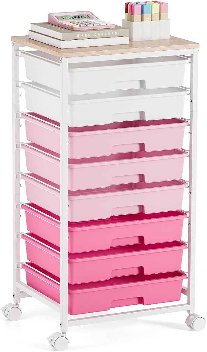 TOOLF Rolling Storage Cart with 8 Drawers,Rose Pink | Utility Cart on Wheels with Wooden Tabletop,Teacher Organization for Classroom, Art Cart for Office,Bedroom,Craft Room by TOOLF