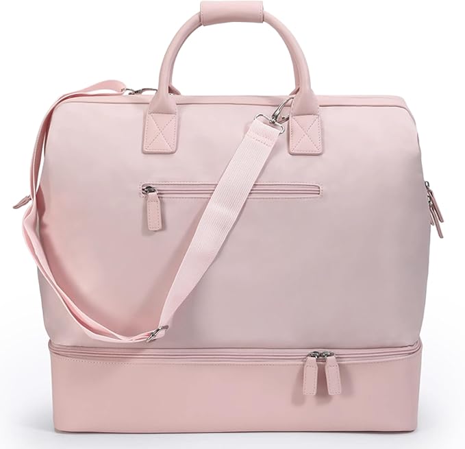 Nobl Travel Weekender Bag for Women & Men, Large Carry-On Duffel, Blush | Leather Overnight Tote with Trolley Sleeve, Separate Shoe Compartment & Laptop Pocket for Airplane, Gym & Road Trips by NOBL