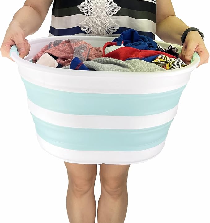 SAMMART 23L (6 Gallons) Collapsible Plastic Laundry Basket - Oval Tub/Basket - Foldable Storage Container/Organizer - Portable Washing Tub (White/Lake Green (Set of 2)) - Image 2