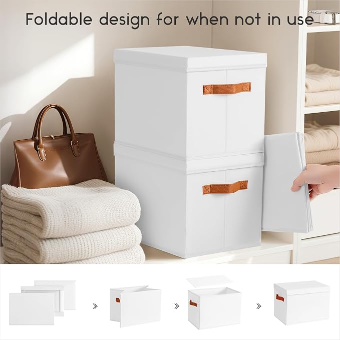 Storage Bins with Lids - Fabric Storage Baskets for Shelves, 4 Pack Foldable Decorative Boxes with Handles, Stackable Organizer Bins for Home, Nursery, Dorm, White - Image 3