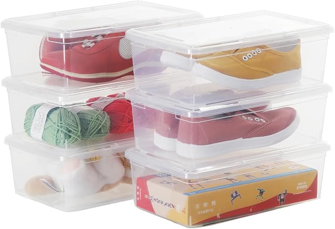 Stackable Plastic Storage Shoebox, BPA-Free Nestable Container with Latching Lid to Organize Shoes, See-Through Box for Home and Office, Multi-Purpose Storage Case, Clear Bins (6 Pack 6 Quart) by OMNISAFE