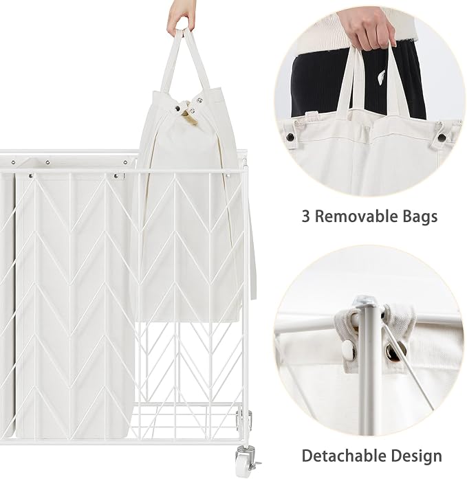 WOWLIVE Laundry Hamper 3 Section with Lid, 142L Laundry Basket with Wheels | Rolling Dirty Clothes Hamper with Removable Bags, Large Iron-Made Laundry Basket Organizer Laundry Sorter for Dorm, White - Image 5