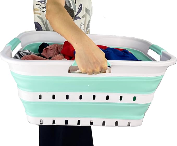 SAMMART 42L (11 gallons) Set of 2 Plastic Foldable Storage Basket/Container - Collapsible, Space Saving and Portable Laundry Hamper, Ideal for Home, Travel, Dorm (2, White/Light Green) - Image 7