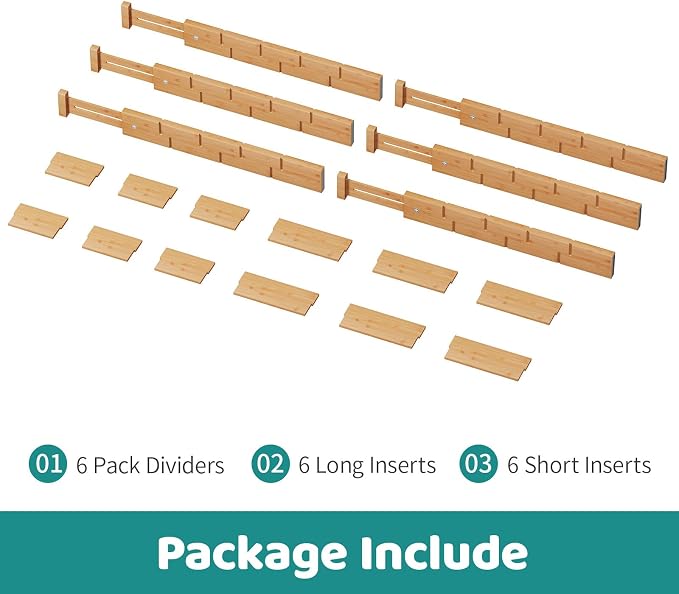 6 Pack Bamboo Drawer Dividers with Inserts, Kitchen Adjustable Drawer Organizers, Expandable Organization for Home, Dressers, 6 Dividers with 12 Inserts - Image 3