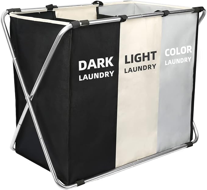 Laundry Cloth Hamper Sorter Basket Bin Foldable 3 Sections with stainless steel Frame Washing Storage Dirty Clothes Bag for Bathroom Bedroom Home Storage Basket(3 Liner, White+grey+black) by Unknown