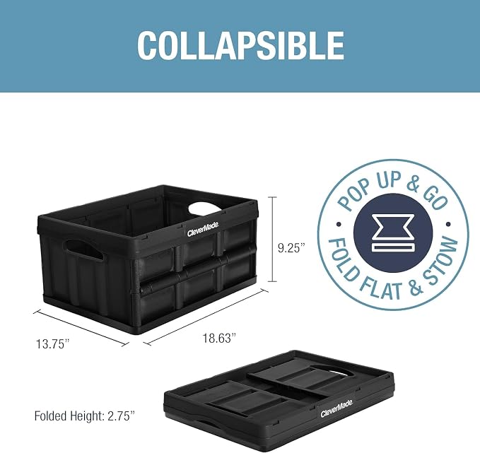 CleverMade Collapsible Storage Bins, 32L, 3 Pack Foldable Storage, Obsidian | Turn Trunk and Garage Clutter into Stackable Order | Reinforced Plastic Handles Up to 66 lb, Then Nests Compactly When Folded - Image 2