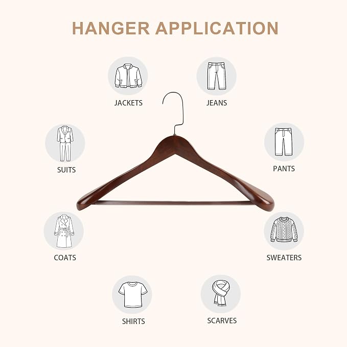 Wooden Suit Hangers with Non Slip Pants Bar, Walnut, 12-Pack, 17.5" | Wood Extra-Wide Shoulder Hangers with Flat-Head Hook for Suits, Coats, Jackets, Shirts, Pants, Heavy Clothes - Image 8