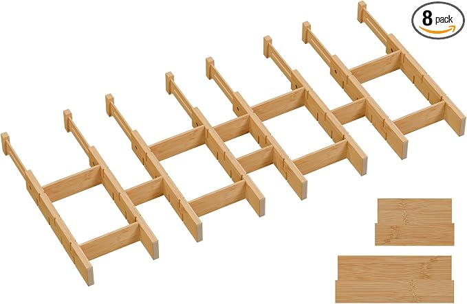 Bamboo Drawer Dividers, Expandable Kitchen Drawer Organizer | Include 8 Dividers, 8 Small Inserts and 8 Medium Inserts for Home, Office, Dressers by Vellzeyce