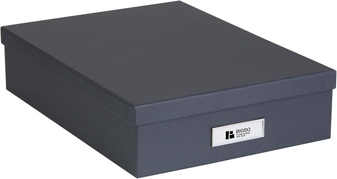 Bigso Oskar Fiberboard Label Frame Document Letter Box - File Organizer Box for Important Paperwork - Document Storage with a Lid & Metal Label Window - 3.3 in x 10.2 in x 13.8 in - Dark Grey by Bigso