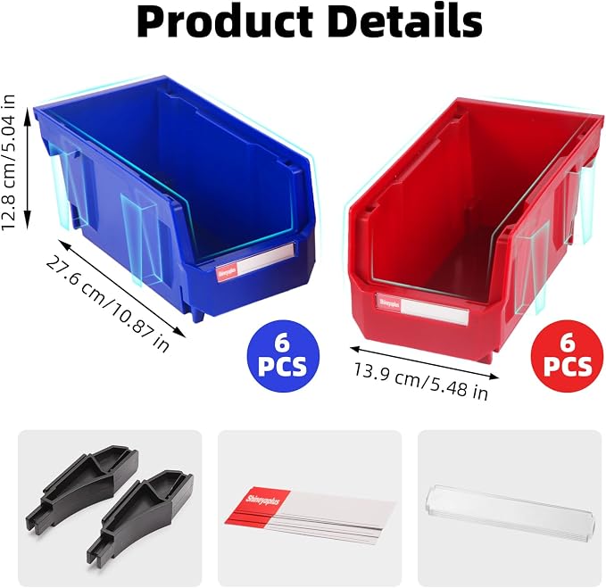 12 Packs Stackable Storage Bins, 11" x 5" x 5" Plastic Bins, | Space-Saving Parts Bin for Garage, Warehouse, Workbench, Hardware & Office - Image 2