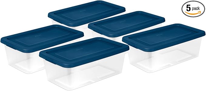 Sterilite Stackable 6 Quart Clear Home Storage Box with Handles and Blue Lid for Efficient, Space Saving Household Storage and Organization, 5 Pack by Sterilite