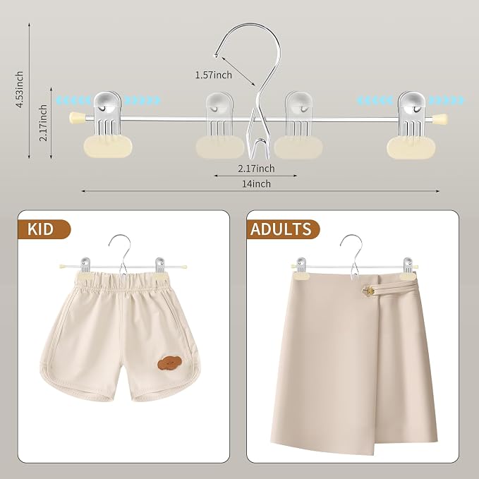 HUADYMEET 14 Inch Space Saving Pant Skirt Hangers with Clips,Beige,50 Pack | Metal,Heavy Duty,Adjustable,Hanger for Pants Jeans Shorts Clothes Slacks Trousers,For Adult Men Women Children,Non Slip - Image 3