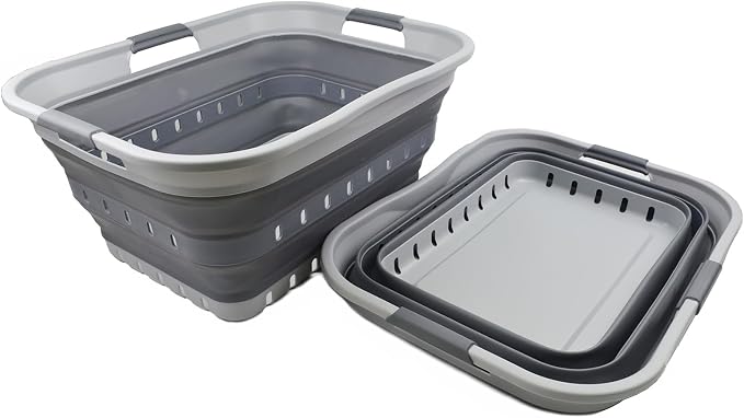 SAMMART 42 (11 Gallons) Collapsible Plastic Laundry Basket, Foldable Pop Up Storage Container/Organizer, Space Saving Hamper, Portable Bin for Dorm Room Bathroom (2, Grey) - Image 3