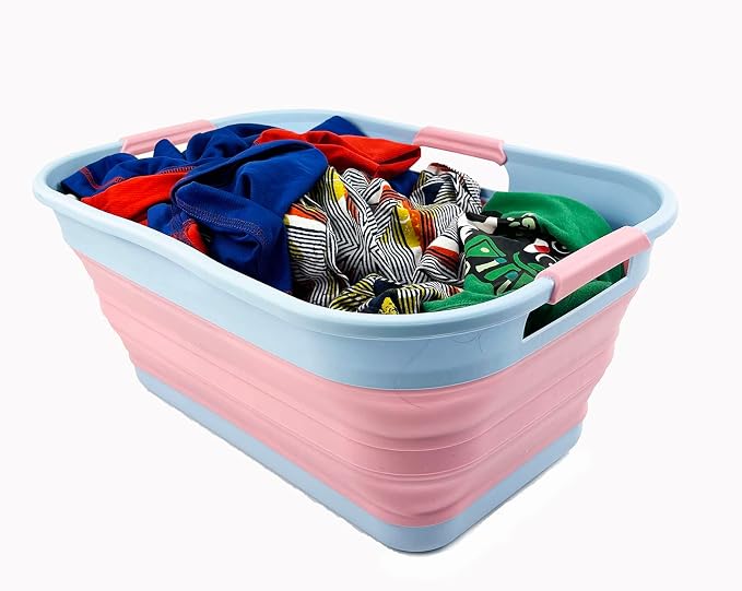 SAMMART 21L (5.5 Galloons) Collapsible Plastic Storge Basket - Foldable Pop Up Storage Container/Organizer - Portable Washing Tub - Space Saving Hamper/Basket (Cool Blue/Maglia Rosa (Set of 2)) - Image 8