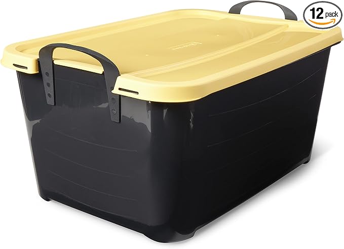 Life Story 12 Pack Heavy Duty Stackable Storage Bin, 55 Quart Home Organizer, Versatile Lightweight Locking Bins with Carrying Handles, Black/Yellow by LifeStory
