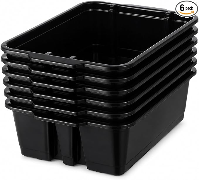 6 Pack Plastic Book Bins Stackable Classroom Cubby Organizer, Black | Scoop Front Storage Bins, Cubby Bins with Handles for School Library Office Home Nursery Playroom Organization by Yakydesign