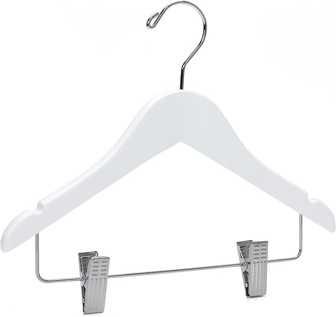 Quality Hangers 20 Pack Kids Wooden Pants Hangers 12 Inches - Skirt Hangers with Adjustable Metal Clips 360° Swivel Chrome Hook & Nonslip Notches- Ideal for Clothes Size 8 and Smaller (White, 20) - Image 6