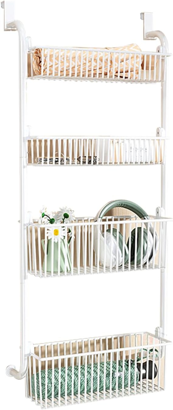Over the Door Organizer, Metal Behind Door Hanging Storage, Toys Umbrellas Bags Organizer Rack, Large Capacity Organizer for Bedroom Bathroom Kitchen Pantry Closet Cabinet (White,Four-Tier) by Unknown