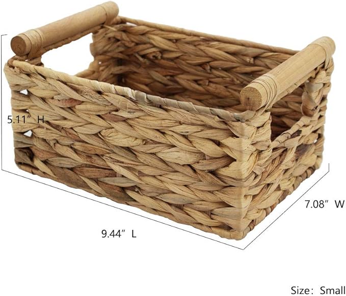 Natural Woven Water Hyacinth Storage Basket with Wood Handles, Small | Rectangular wicker‑style bin, decorative accent, for shelves, bathroom, pantry, closet organization, countertop use - Image 2