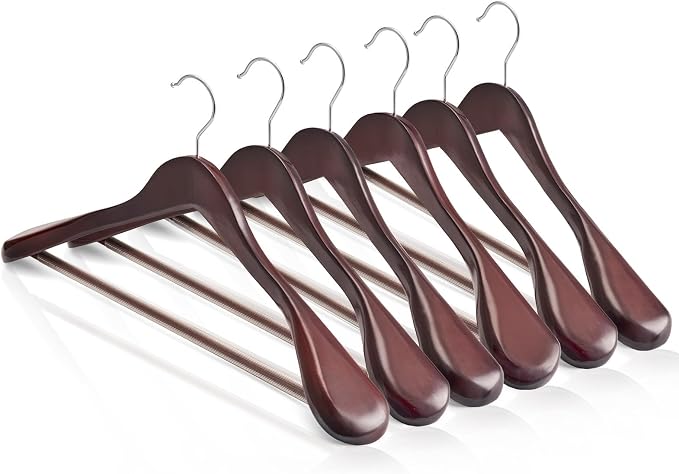 HOUSE DAY Wood Suit Hangers for Men, Wide Shoulder Wooden Hangers with Non Slip Pants Bar, Smooth Retro Finish 360° Swivel Hook Solid Wood Coat Hangers for Heavy Clothes Hanger 6 Pack (Cherry Wood) by HOUSEDAY