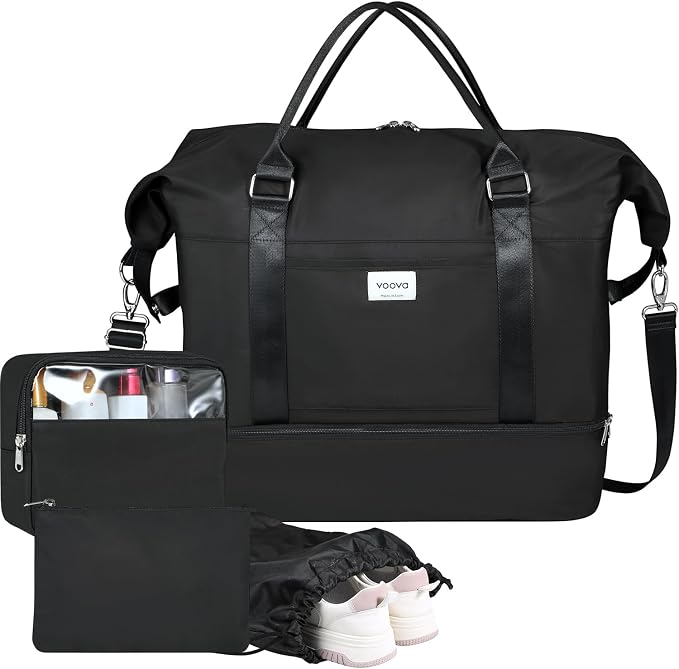 Voova Weekender Duffle Bag Set with Shoe Compartment, 4 Piece, Black | Carry-on travel set includes weekender, shoe bag, toiletry bag and makeup pouch for organized overnight trips by Voova