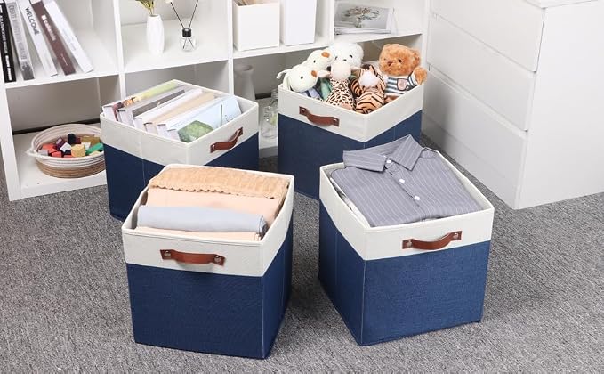 Temary Fabric Storage Bins for Cube Organizer 4 Pack Cube Storage Bins 13 Storage Cubes for Shelves Storage Baskets for Organizing Books, Clothes, Towels (White & Blue, 13x13x13 Inch) - Image 6