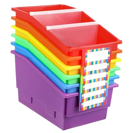 6 Pack Picture Book Bins with Dividers Plastic Book Holders with Labels Stackable Classroom Organization Bins Magazine File Binder Holder Storage Container for Classroom Library Home Office(Colorful) by gisgfim