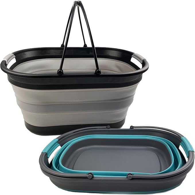 SAMMART 38L (10 Gallons) Collapsible Plastic Laundry Basket - Foldable Storage Container/Organizer - Portable Washing Tub - Space Saving Laundry Hamper (Alloy Grey + Crystal Blue (Set of 2)) - Image 2