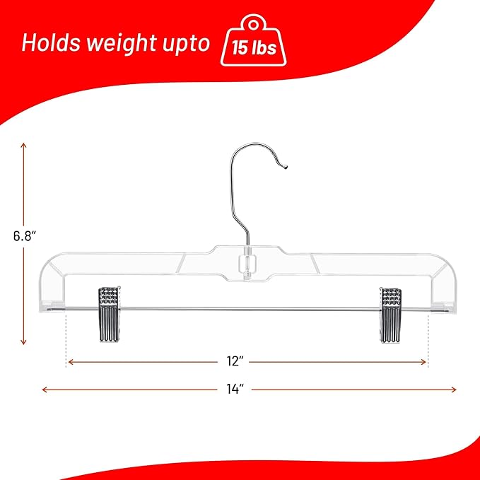 DEILSY™ Pants Hangers with Clips 12 Pack Skirt Hangers Clear Plastic | Hangers with clips and 360° swivel hook, pants hangers rubber-padded clips, ideal for jeans, trousers, skirts and shorts - Image 5
